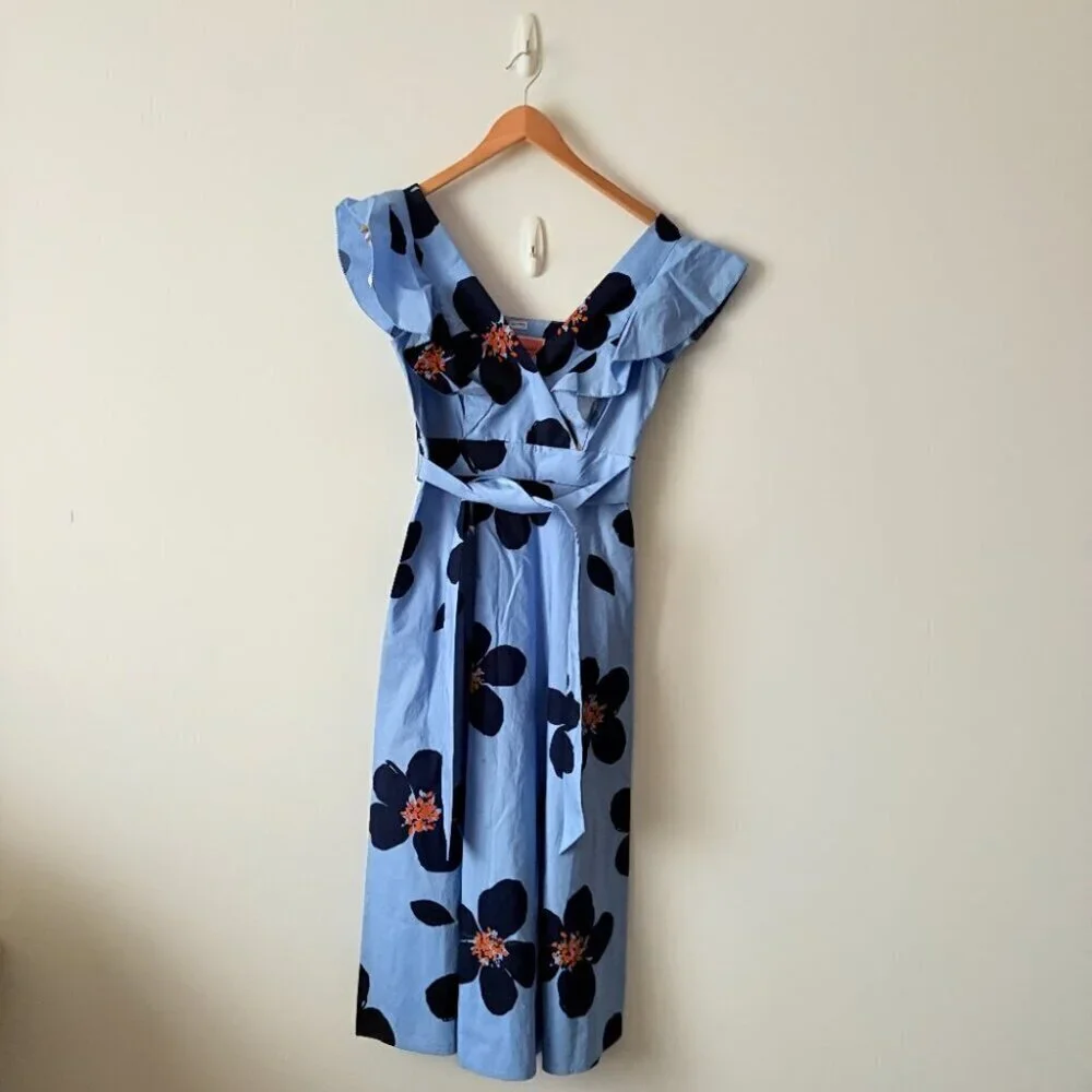 Kate Spade Grand Flora Poplin Midi Dress NWT Blue Heron Size 0